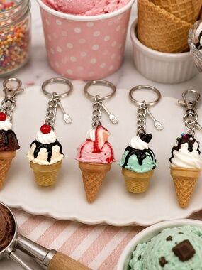 Ice Cream Cone Keychain or Bag Clip | Handmade Dessert Accessory with Spoon